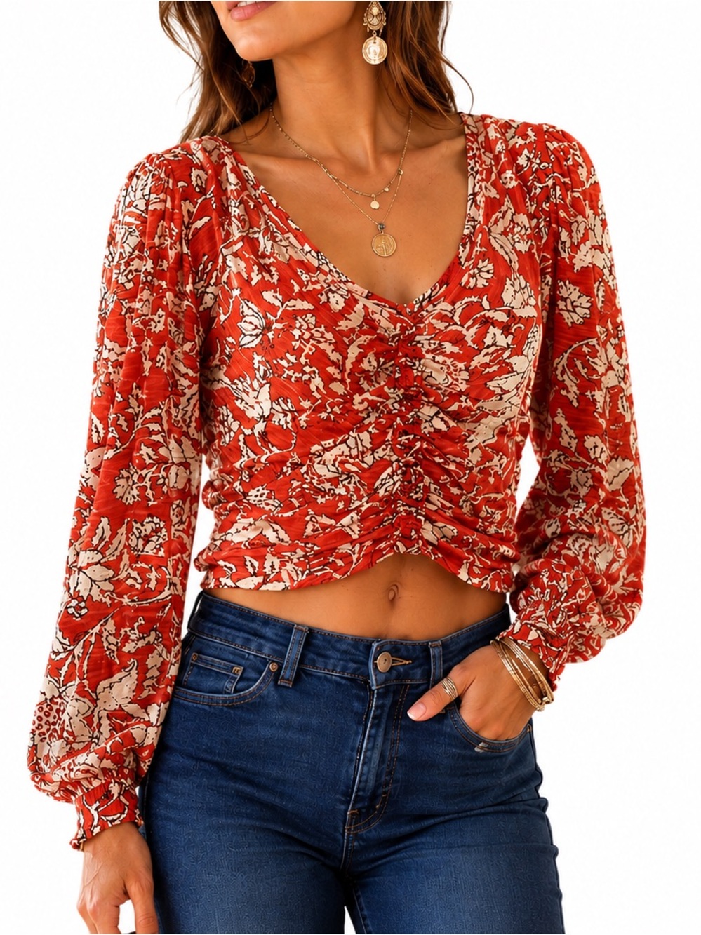 FREE PEOPLE Say The Word Boho Floral Blouse - Size M - Ruby Red Cropped Top